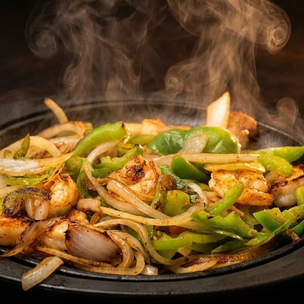 Sizzling shrimp fajitas with green peppers and onions on a hot cast iron plate, emitting steam.