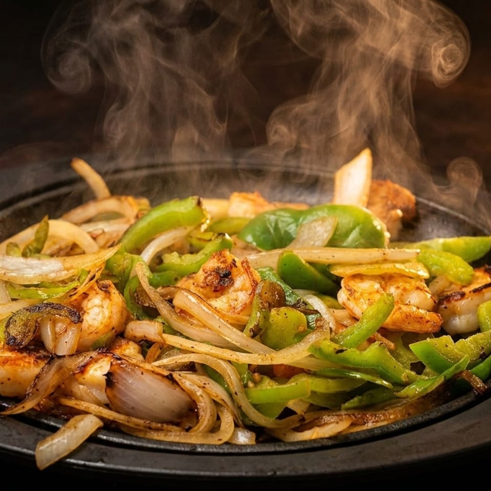 Sizzling shrimp fajitas with green peppers and onions on a hot cast iron plate, emitting steam.