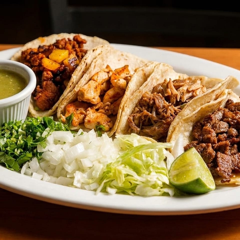 A white plate holds four tacos with various fillings, a side of green salsa, and chopped garnishes.