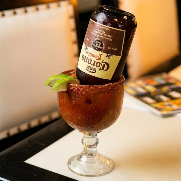 Corona Familiar beer bottle upside down in a michelada glass with lime wedges.