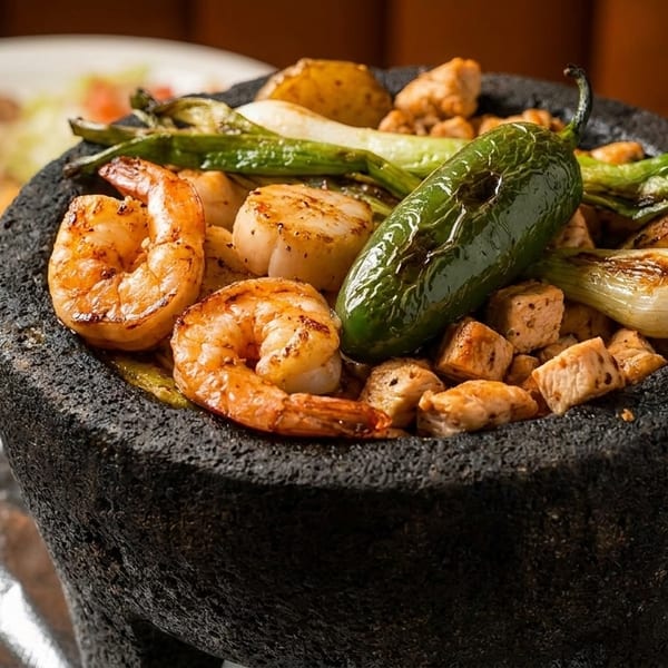 Molcajete with grilled shrimp, scallops, chicken, jalapeño, and green onions, with rice and beans in background.