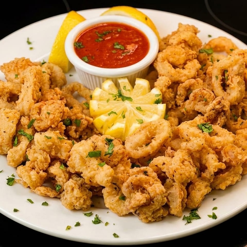 Crispy fried calamari with marinara sauce, lemon wedges, and parsley on a white plate.