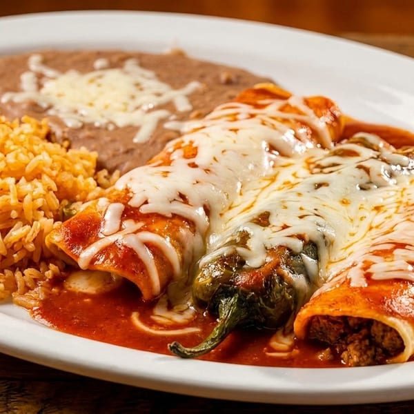 A white plate holds two cheesy enchiladas, a chile relleno, rice, and refried beans.