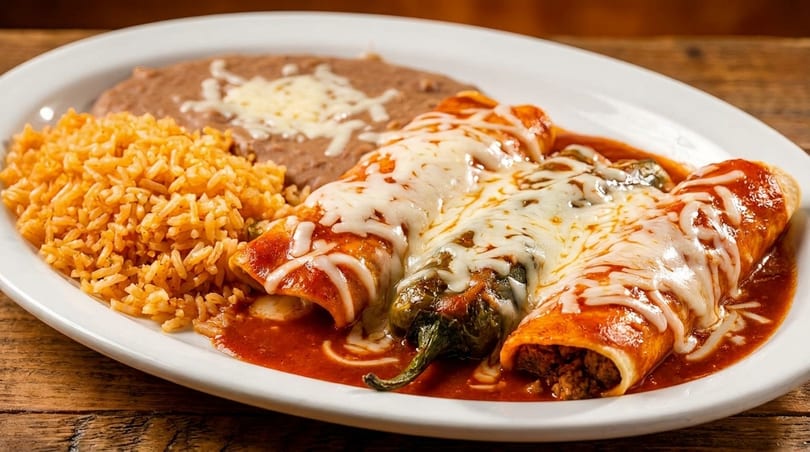 A white plate holds two enchiladas, a chili relleno, rice, and refried beans, all covered in sauce and cheese.