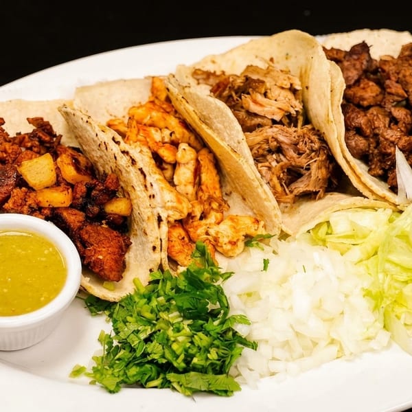 A plate of four diverse tacos with various fillings, salsa, cilantro, onions, lettuce, and lime.