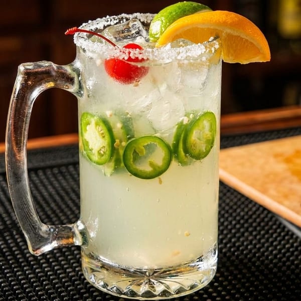 Spicy margarita in a glass mug with jalapeños, lime, orange, and a cherry on a bar.