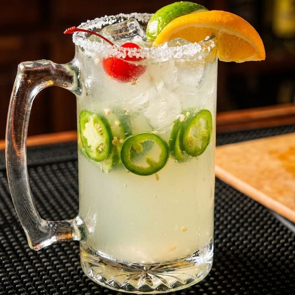 Spicy margarita in a glass mug with jalapeños, lime, orange, and a cherry on a bar.
