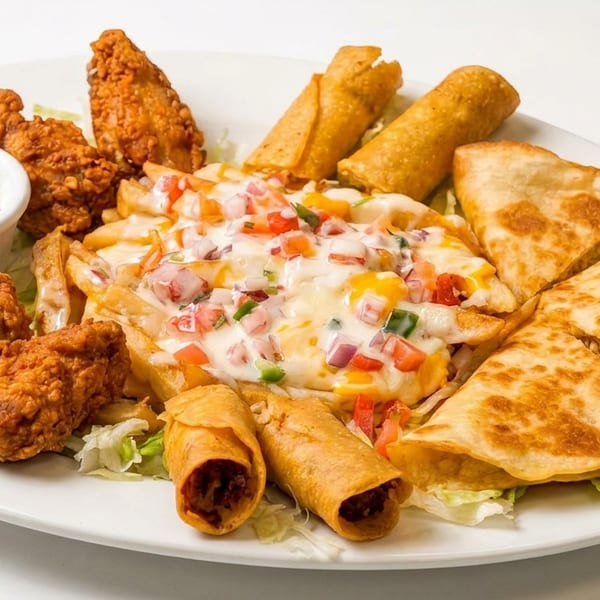 A platter of fried chicken, cheesy fries, quesadillas, and taquitos with a side of dipping sauce.
