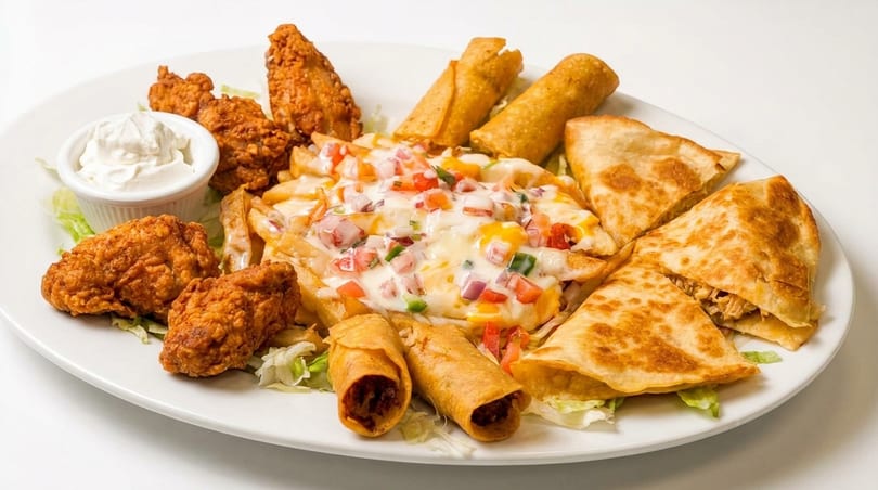 A platter of fried chicken wings, cheesy fries, quesadillas, and taquitos with a side of dip.